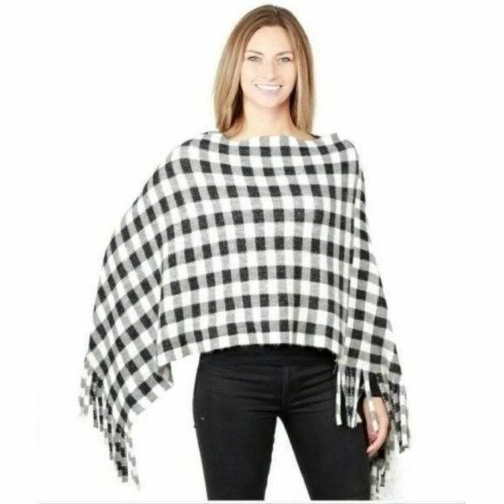 BLACK/WHITE/GREY PLAID PONCHO-NEW-ONE SIZE